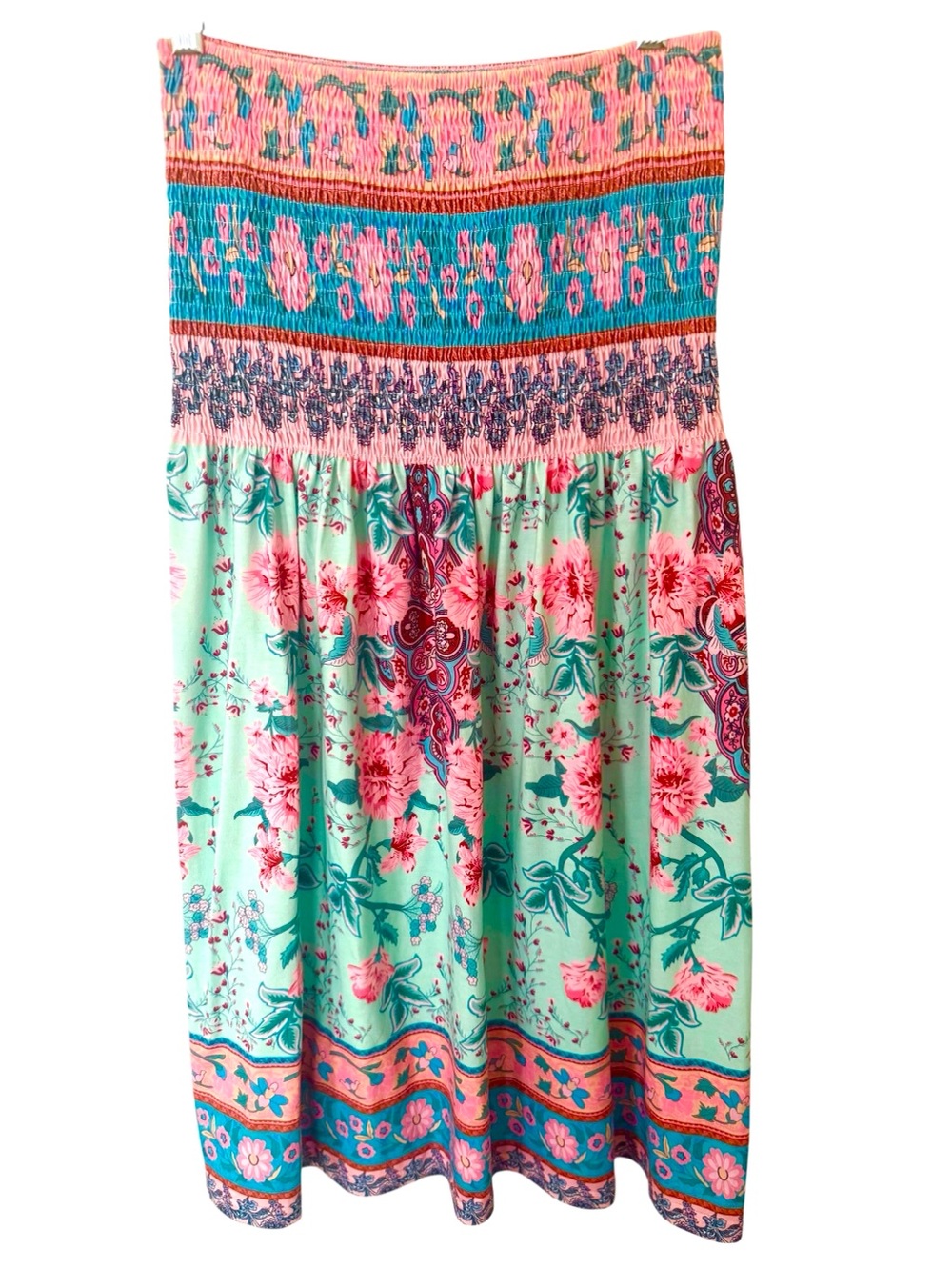 Boutique Boho Floral Smocked Strapless Midi Dress | Mint Pink | S/M